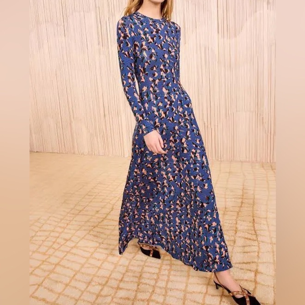 Ulla Johnson Blue Floral Long-Sleeve Maxi Dress with Blush Accents